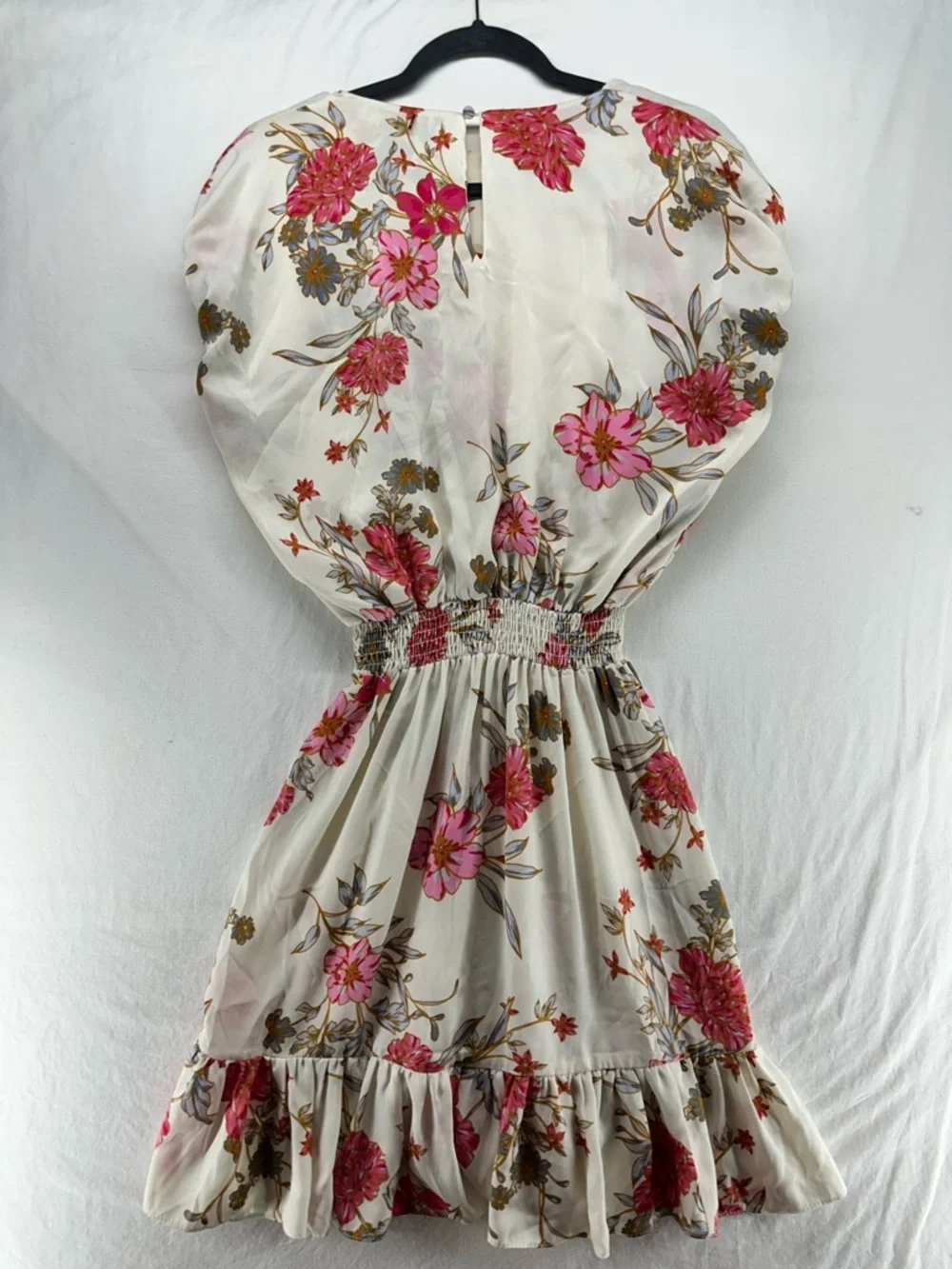 Misa Los Angeles Paulina Dress Size M Cream Pink Floral Ruffle Hem Draped Sleeve - Picture 3 of 7